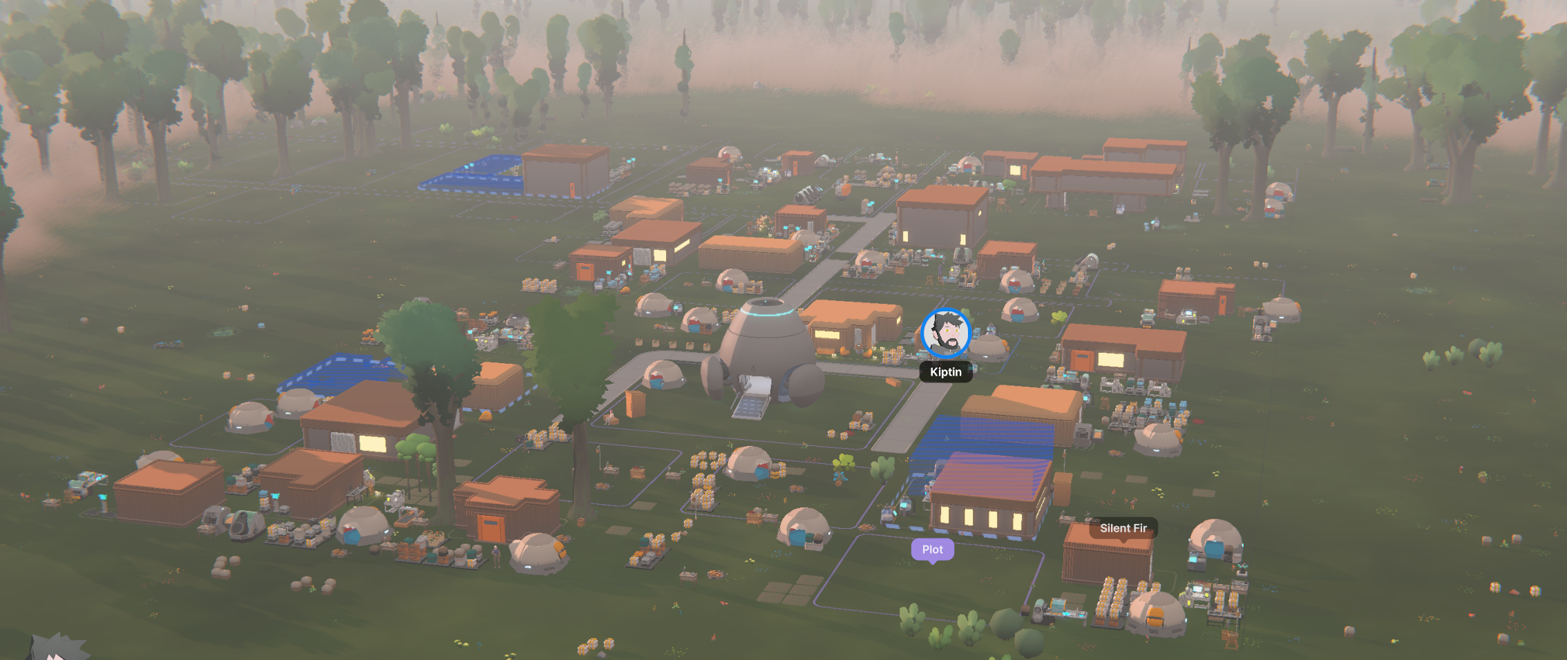 An aerial view of Velaris after its first week, with homes, workshops, grow plots, roads, and the landing pod.